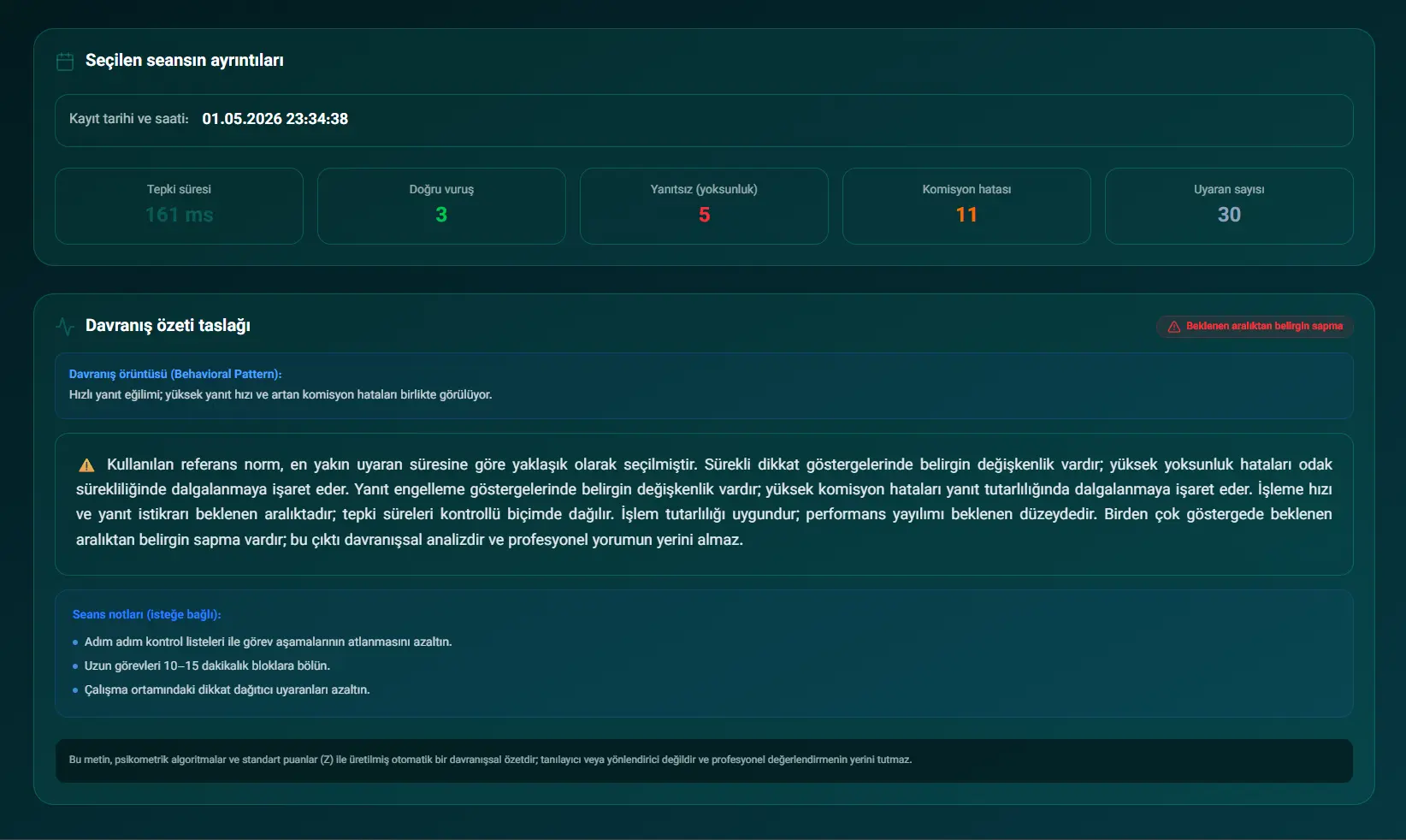 Scoring and clinical interpretation screen 0